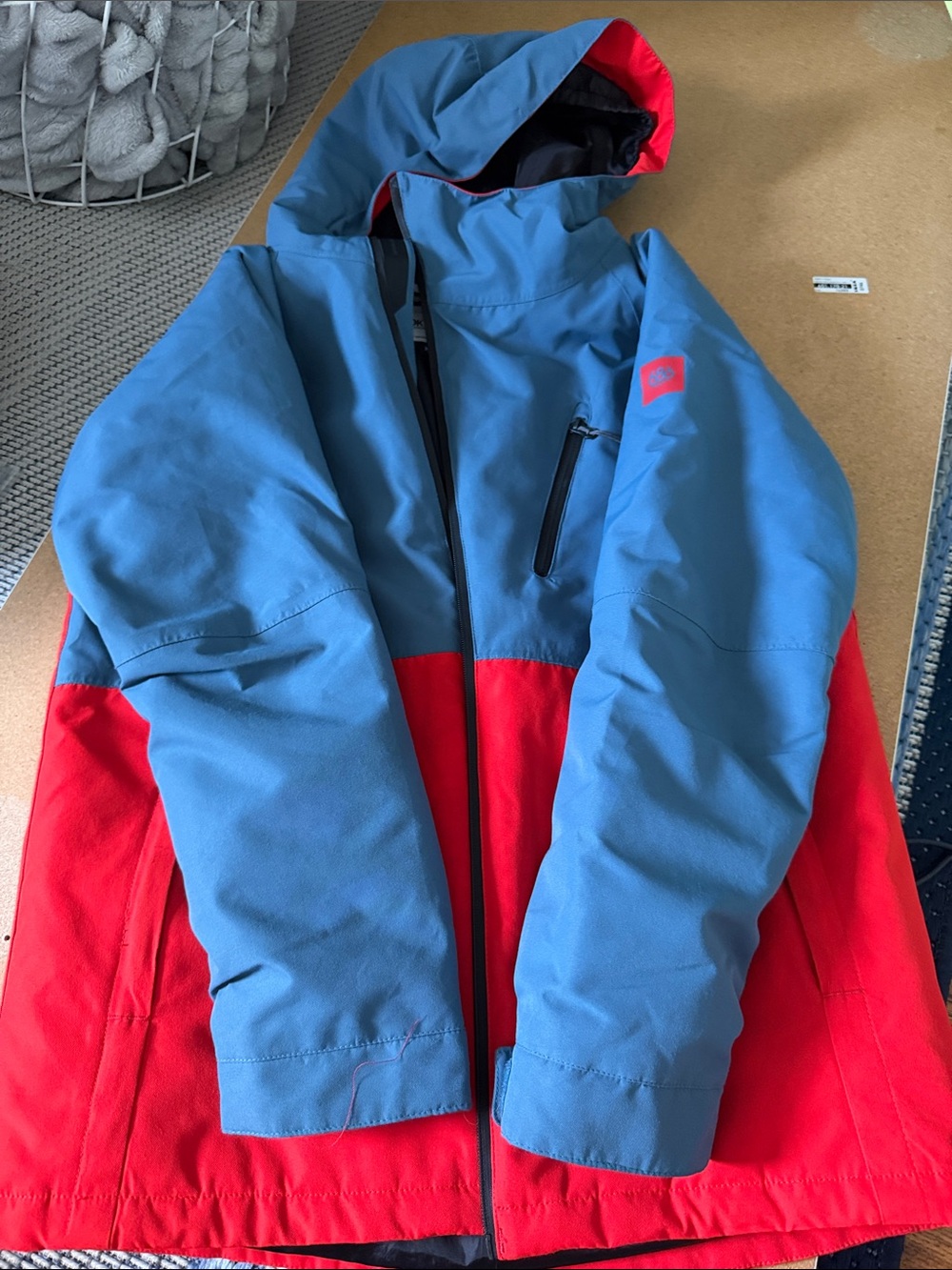 Blue and Red Colorblock Hooded Ski/Snowboard Jacket